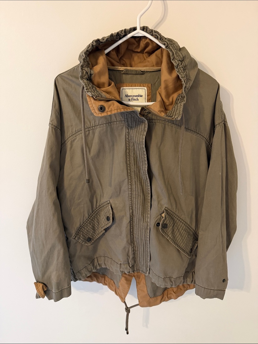 Abercrombie & Fitch Olive Green Hooded Utility Jacket with Tan Lining